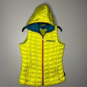 Obermeyer Hooded Down Puffer Vest Small Yellow Full Zip Outdoor Pockets Hiking